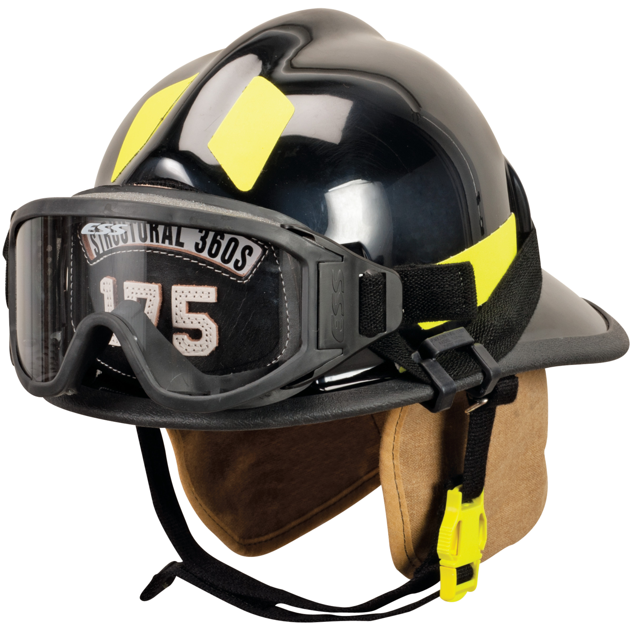 Cairns 360S, Black, Cairns ESS Goggles, Economy Flannel Liner, Nomex Earlap, Nomex Chinstrap w/ Quick Release, Lime/Yellow Reflexite, Tetrabar